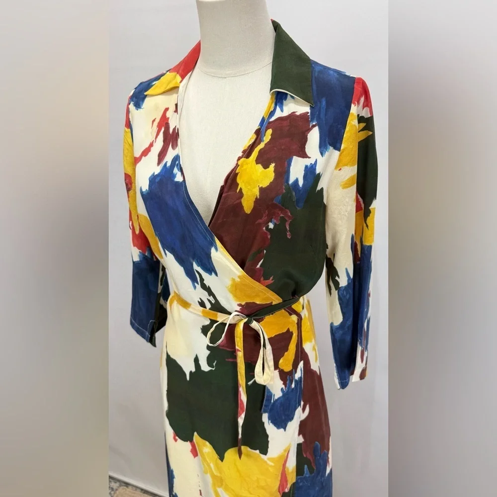 WRAY Multi color 100% Silk Expressionist wrap Dress size XS - Picture 4 of 15